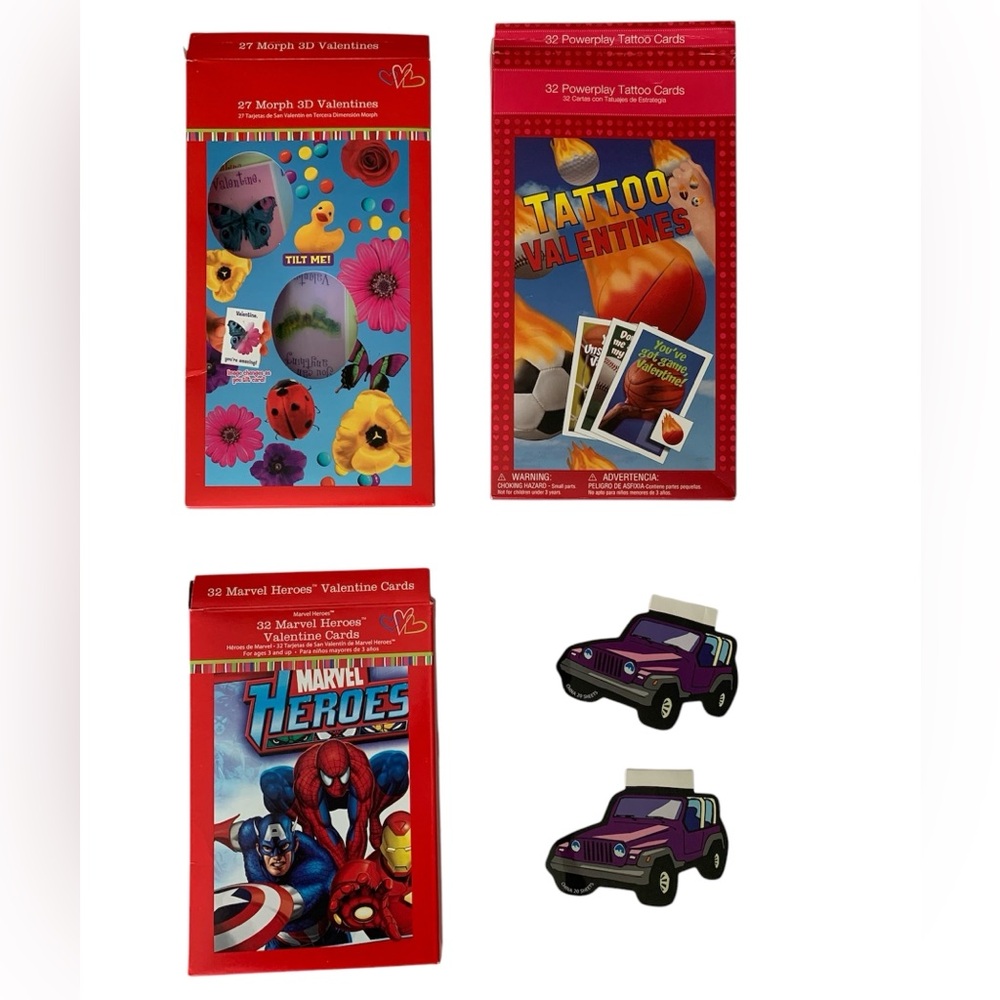 Marvel Heroes 3D Tattoo Valentine Day Exchange Cards 3 Open Boxes & 2 Jeep Pads
